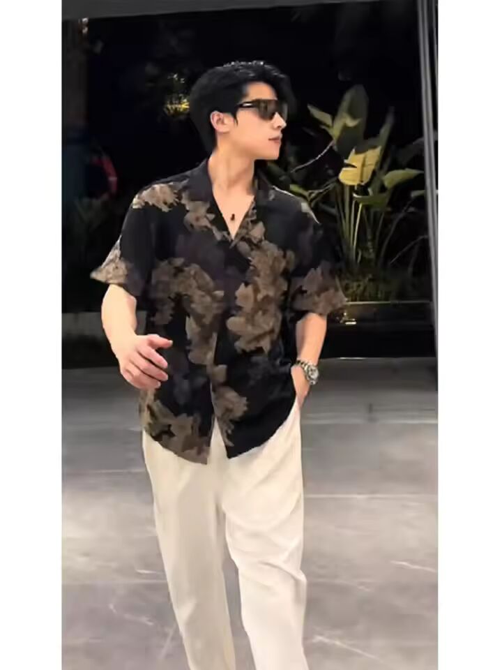 Fashionable Brand Handsome Street-fried Retro Hong Kong Style Shirt Men's Trendy Style High-end Loose Drape Niche Short Sleeves