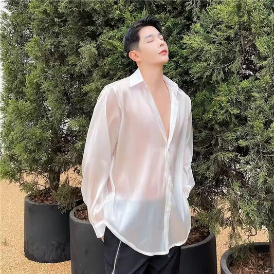 New Summer Tops Handsome Fashionable Shirts Men's Long-sleeved Summer Tulle Tops Versatile Casual Sunscreen Aesthetic Academy