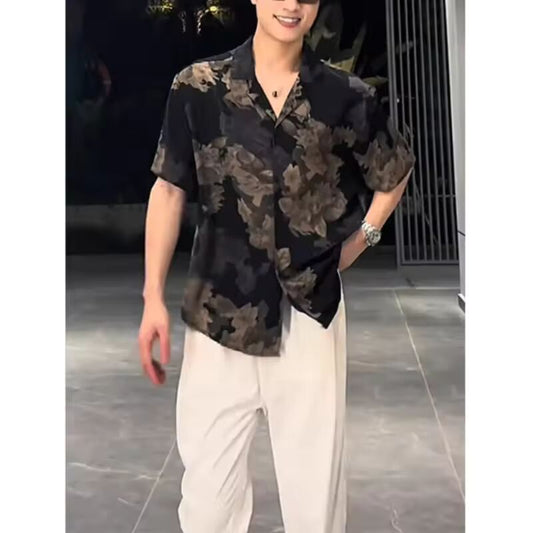 Fashionable Brand Handsome Street-fried Retro Hong Kong Style Shirt Men's Trendy Style High-end Loose Drape Niche Short Sleeves