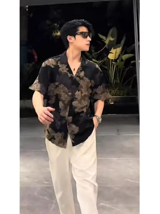 Fashionable Brand Handsome Street-fried Retro Hong Kong Style Shirt Men's Trendy Style High-end Loose Drape Niche Short Sleeves