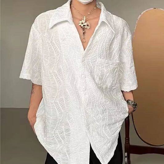 Jacquard Summer New Shirt Light Mature Short-sleeved High-end Button Lapel Blouse Male Niche Design Simple Casual Handsome Shirt