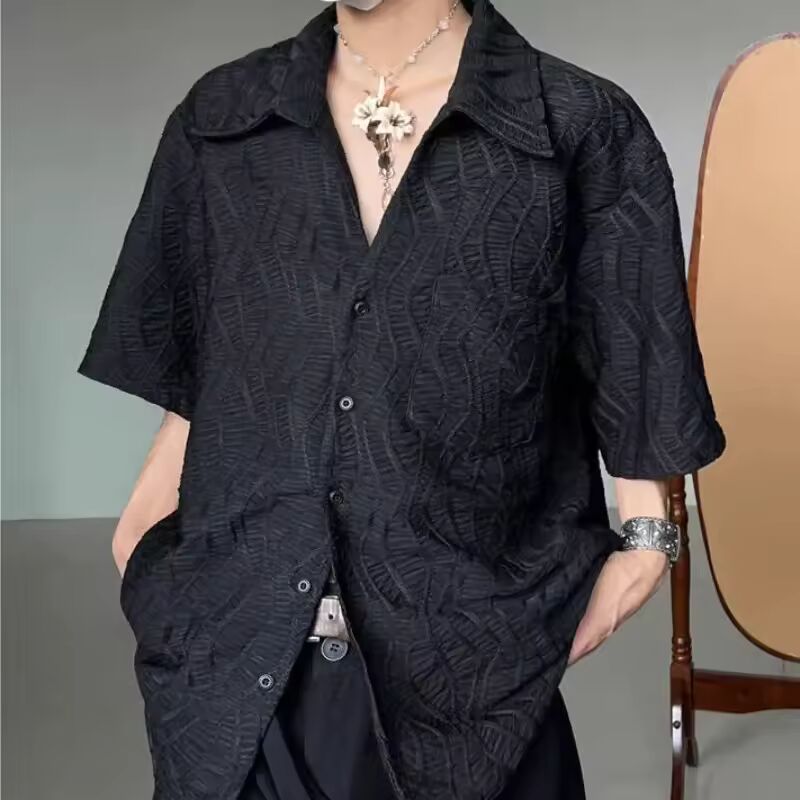 Jacquard Summer New Shirt Light Mature Short-sleeved High-end Button Lapel Blouse Male Niche Design Simple Casual Handsome Shirt