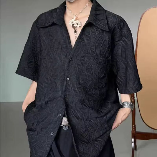 Jacquard Summer New Shirt Light Mature Short-sleeved High-end Button Lapel Blouse Male Niche Design Simple Casual Handsome Shirt